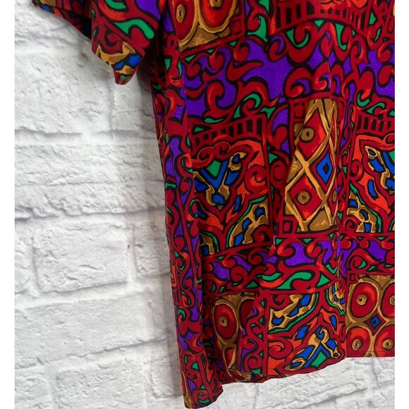 Vintage Christie & Jill Short Sleeve Silk Blouse Red Loud Print 90s Keyhole M - Picture 3 of 7